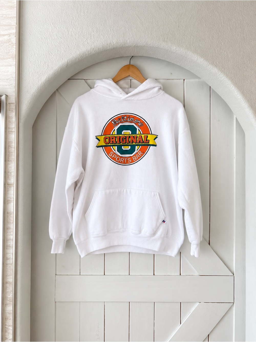 Russell Athletic White Hoodie with Orange, Yellow and Green Graphic